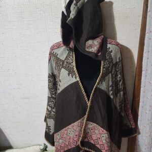 Elegant Hooded Patchwork Poncho ONE SIZE